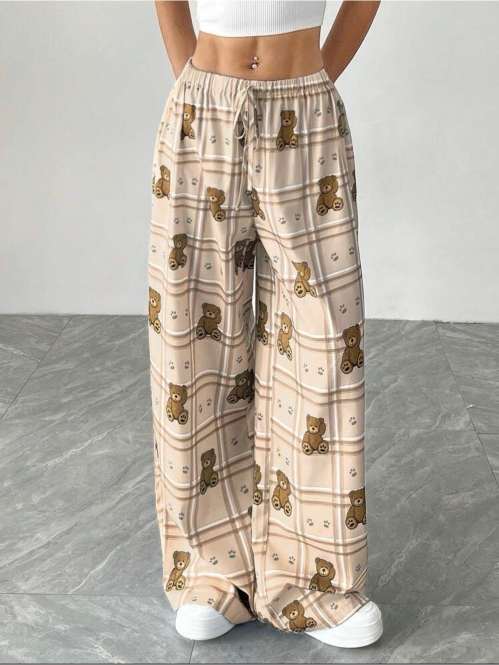 SHEIN Beige Plaid Wide-Leg Teddy Print Lounge Pants